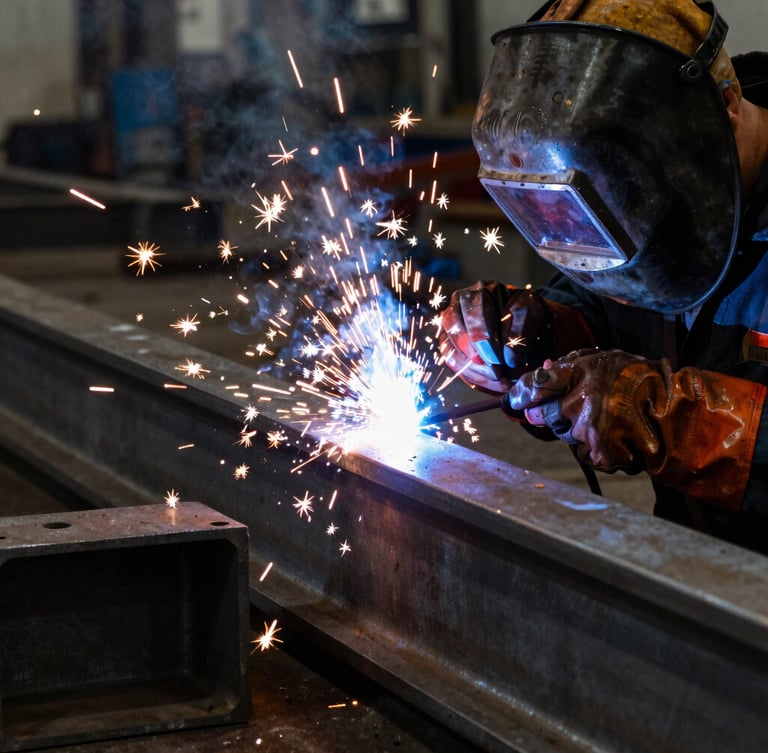 Close-up of a professional welder working on a heavy steel beam, intense electric arc sparks flying, high contrast, gritty industrial workshop, 35mm lens