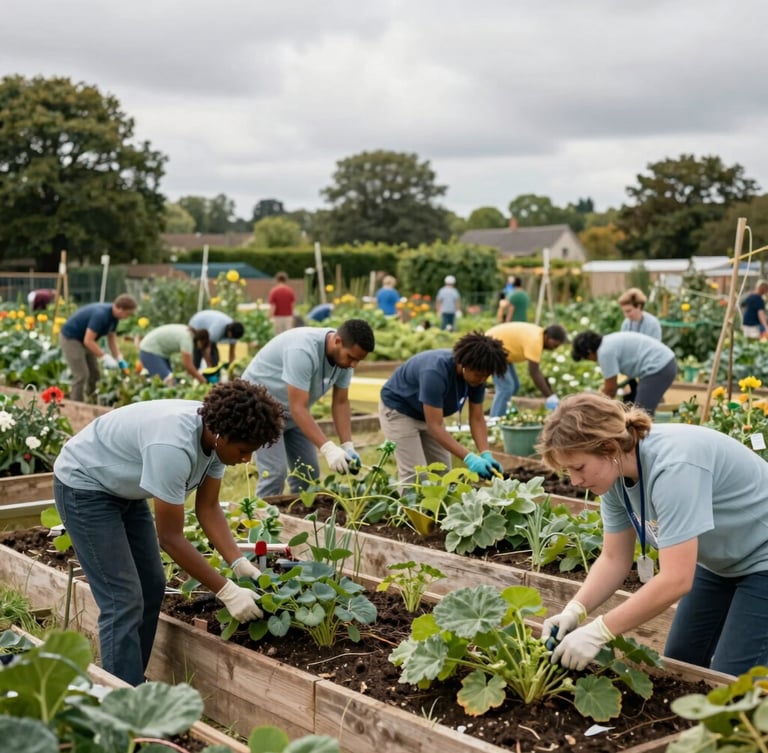 A diverse group of volunteers working in a community garden in East Oxford, natural overcast daylight, mid-shot composition.