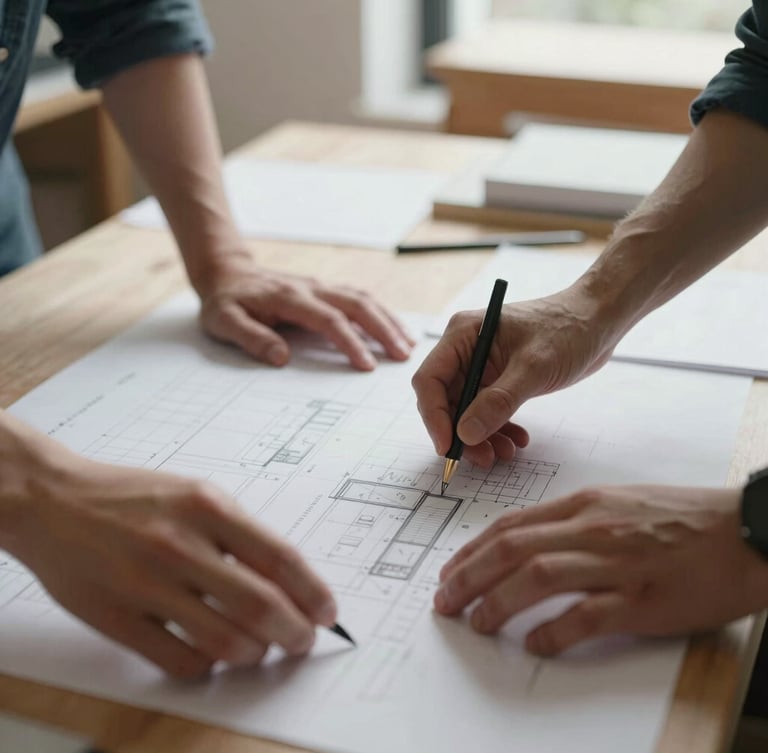 Hands collaborating over a neighborhood project plan in a bright workshop space, soft British daylight, close-up framing.