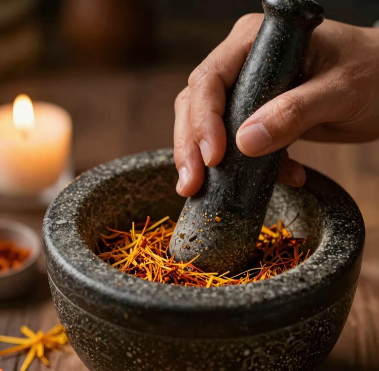 Close-up of hands carefully grinding whole spices in a traditional mortar and pestle, warm ambient light, shallow depth of field, rich saffron tones.