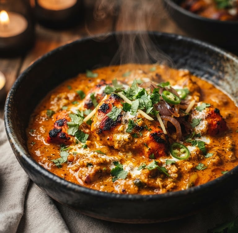 Close-up of a steaming bowl of Chicken Tikka Masala, rich saffron and charcoal tones, shallow depth of field, warm ambient light, steam rising, artfully plated.