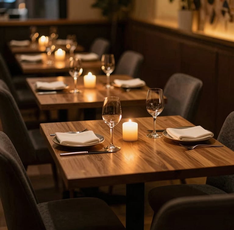 Warm, inviting shot of the Stoneygate dining room tables set for dinner, soft candlelit ambient light, rich charcoal and saffron tones, empty, elegant, shallow depth of field.