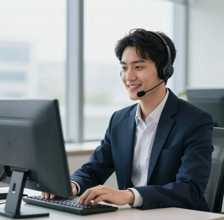 Professional remote worker in a modern, bright office setting, wearing a headset and smiling confidently, cool slate and navy tones, shallow depth of field, 35mm