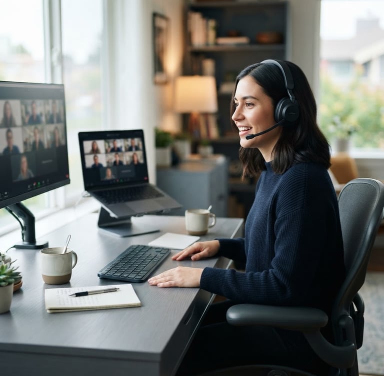 Professional remote workspace, clean desk setup with modern hardware, focused individual wearing a headset speaking naturally, bright natural daylight, cool slate and navy tones, shallow depth of field, 35mm