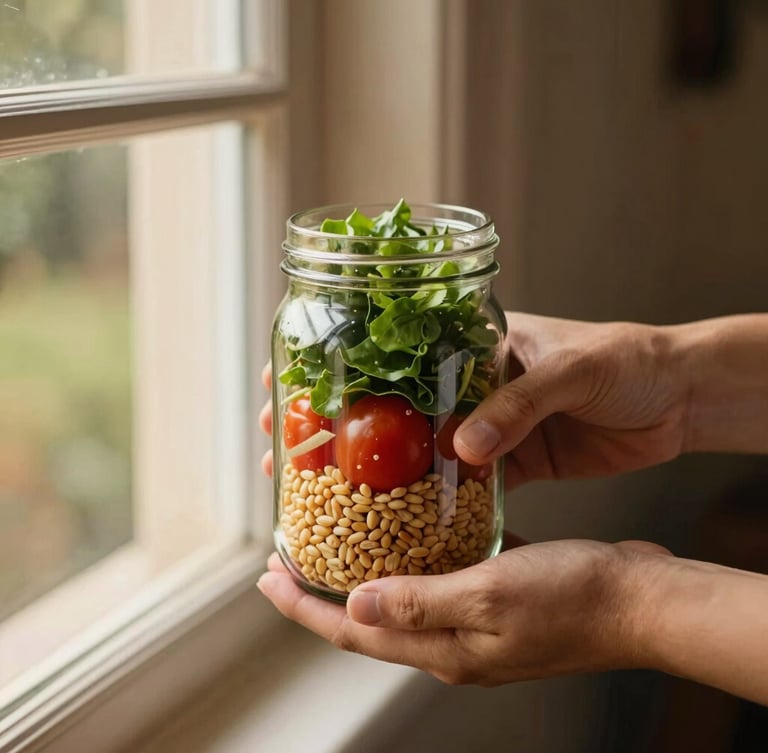 A close-up portrait of hands shaking a layered salad jar filled with fresh greens, vibrant tomatoes, and golden grains, warm natural window light.