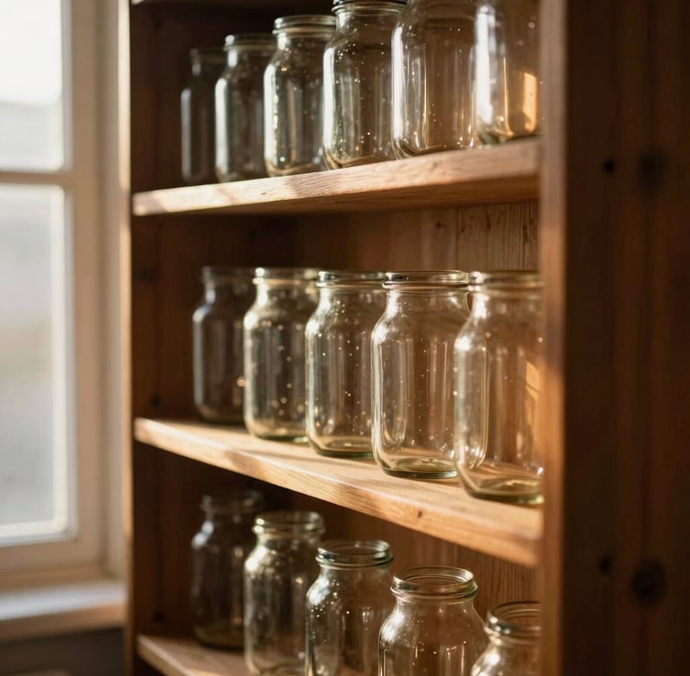 A close-up shot of vintage wooden shelves filled with glowing glass jars, soft warm sunlight streaming through a nearby window, casting long golden shadows.