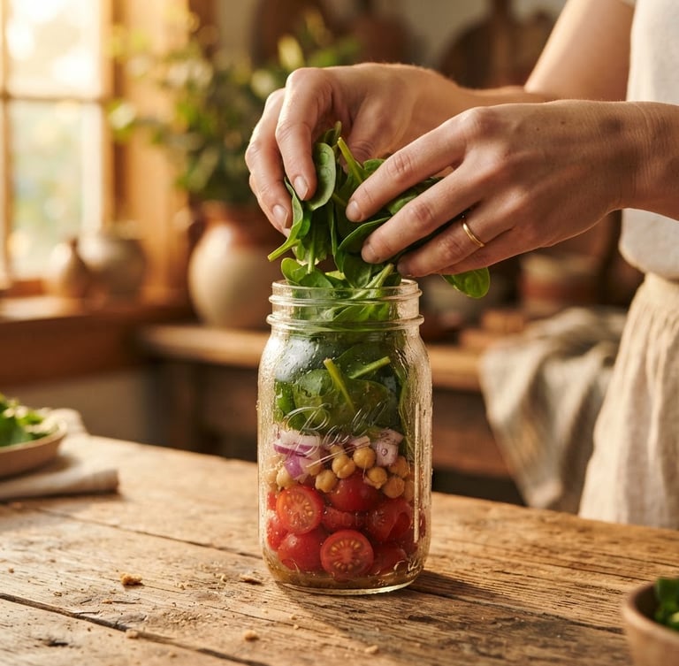 A tall portrait photo of hands layering crisp green spinach over bright red tomatoes in a condensation-beaded mason jar on a rustic wooden table under golden-hour window light.
