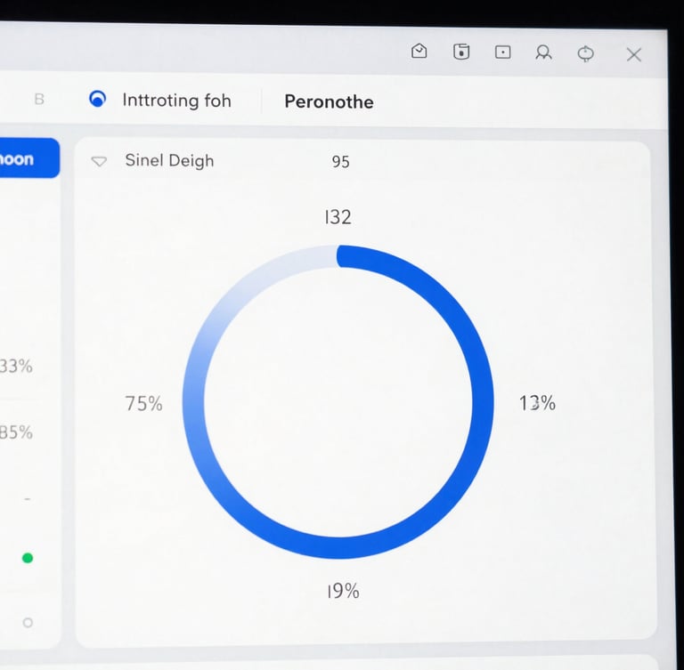Straight-on macro shot of a clean software interface displaying real-time ad performance metrics, crisp daylight, high-contrast blue and white tones