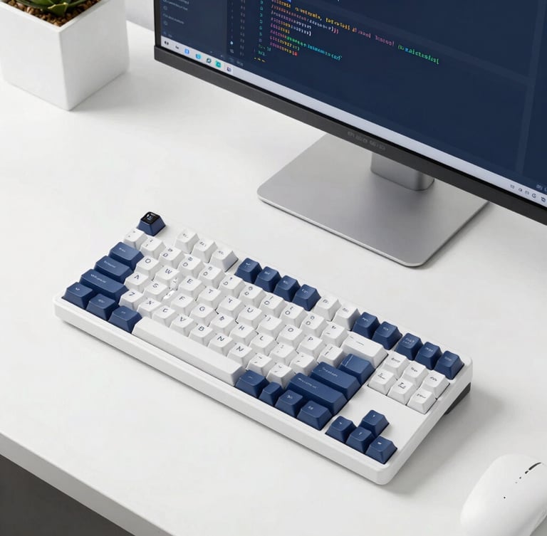 Overhead composition of a minimalist developer workspace, a mechanical keyboard, a monitor showing clean structured code, bright daylight, sharp focus, 50mm