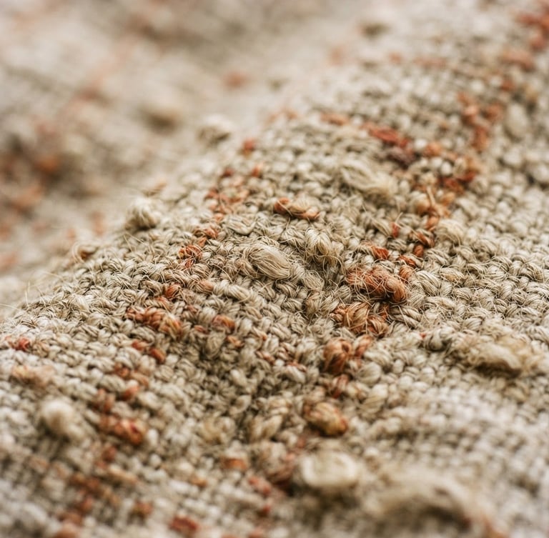 Tight macro shot of heavy raw linen texture, soft diffused afternoon daylight, muted oatmeal and terracotta tones, organic slubs, 35mm film grain.