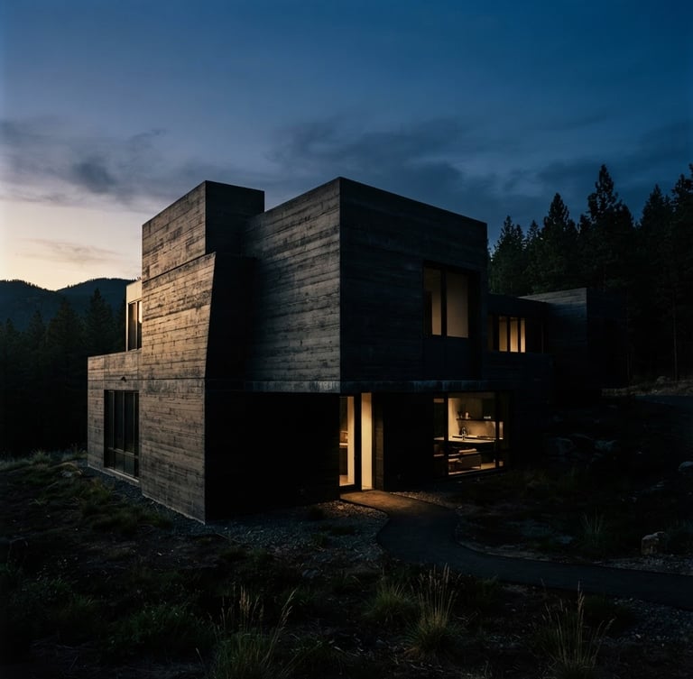 Low-key architectural photography of a monolithic black concrete residence at twilight, dramatic side-lighting casting deep shadows, 35mm film
