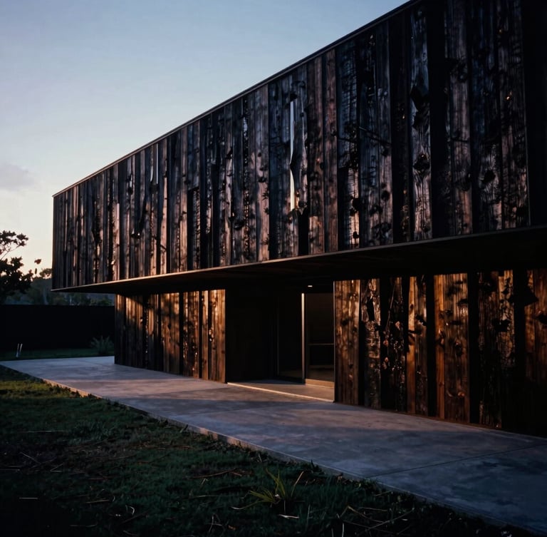 Wide architectural elevation of a monolithic charred timber residence at twilight, dramatic side-lighting casting long shadows across cast concrete paths, 35mm film style