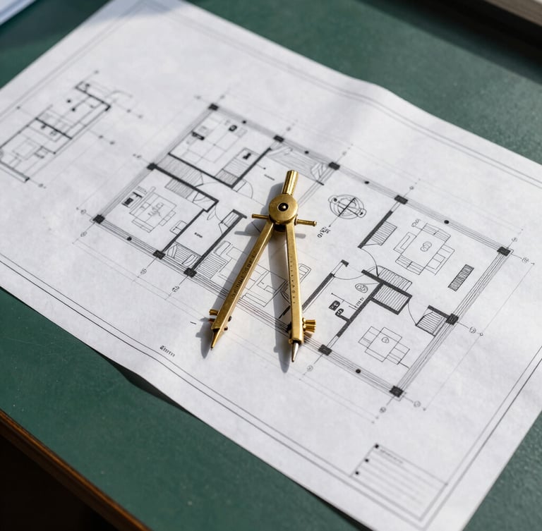 Top-down view of architectural blueprints laid out on a dark green table, a brass compass resting on the paper, sharp natural light, 35mm