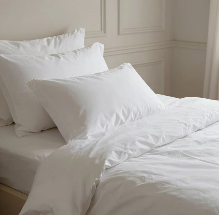 Portrait composition of a beautifully dressed bed with crisp white linens, high-thread-count cotton, soft natural light, classic Parisian moldings in the soft background.