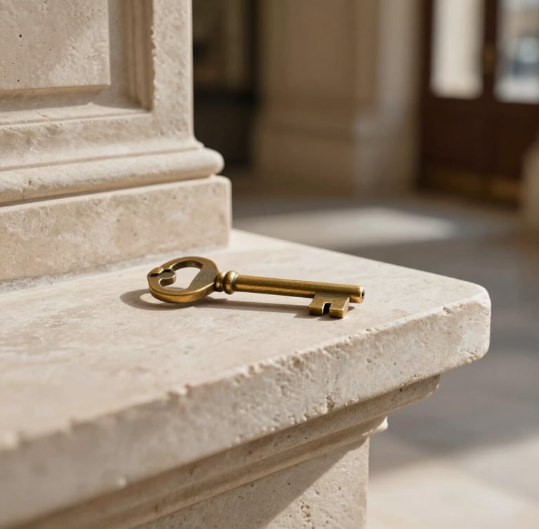 A close-up of a classic brass key resting on a pristine limestone console, soft morning light illuminating the architectural texture of a Parisian hallway