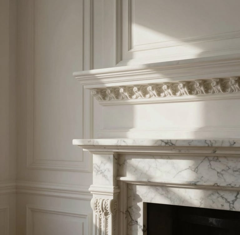 Medium close-up of sun-drenched architectural crown moldings and a marble fireplace in a Parisian apartment, soft morning light, focus on plaster textures.