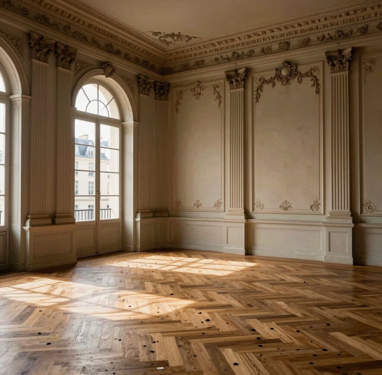 Vue rapprochée d'un salon haussmannien baigné de lumière matinale parisienne, moulures d'époque au plafond, parquet Point de Hongrie impeccable.