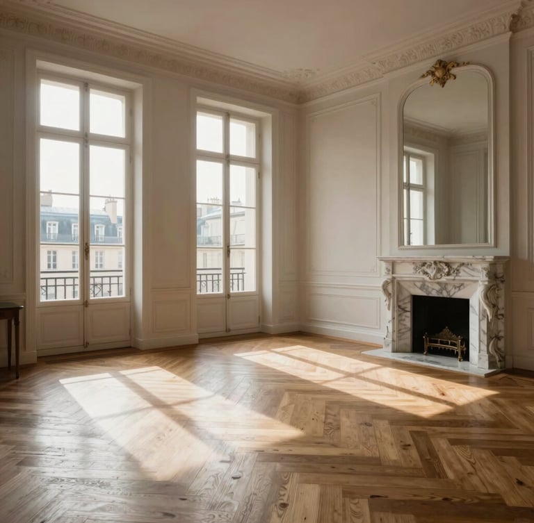 Soft diffused Parisian morning light illuminating a Haussmannian living room with tall windows, herringbone parquet flooring, and a marble fireplace, medium wide angle.