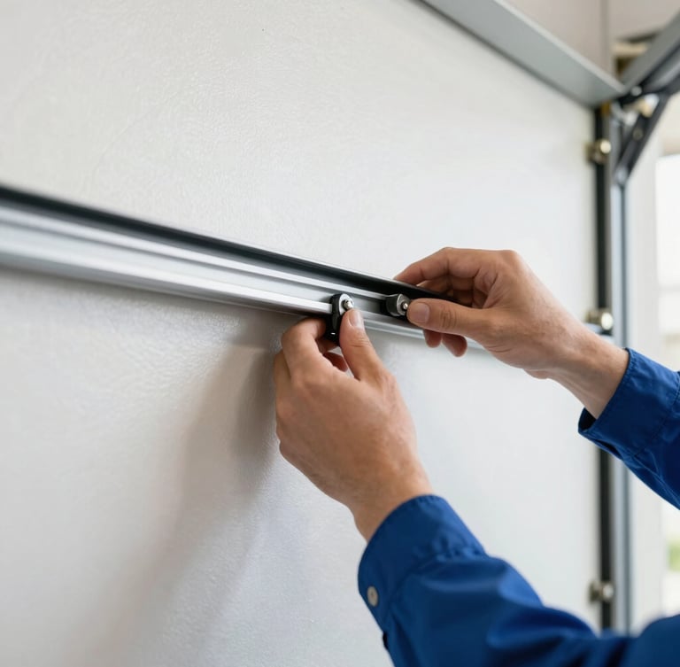 Technician's hands expertly adjusting a garage door track, focused on the mechanism, clean tools visible, bright garage interior lighting.