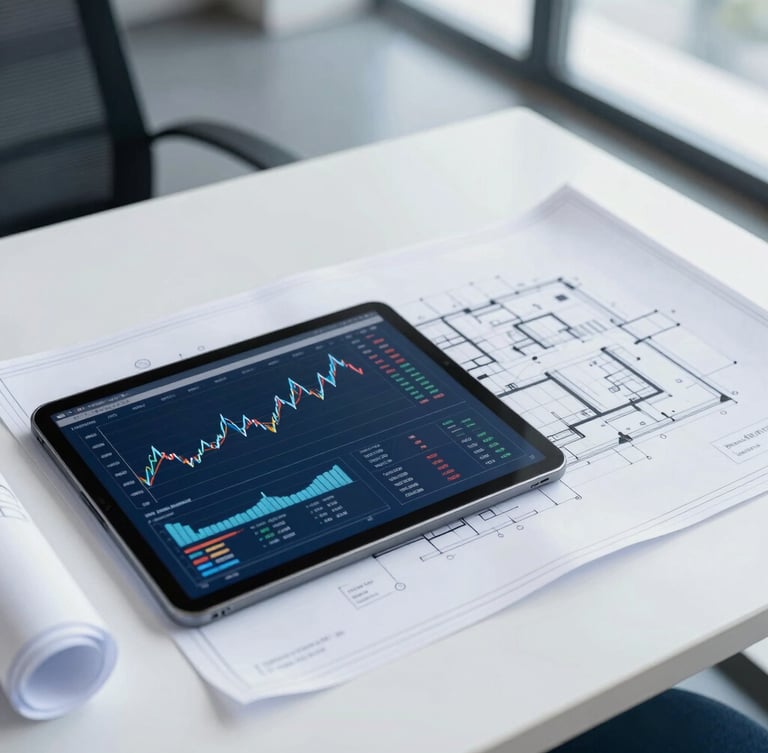 Professional architectural office workspace, a tablet showing financial simulation graphs next to construction blueprints, clean daylight, sharp focus