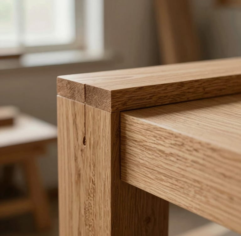 Macro close-up of a through-tenon joint in white oak, soft side-lighting from a workshop window, rich wood grain texture, shallow depth of field, 35mm