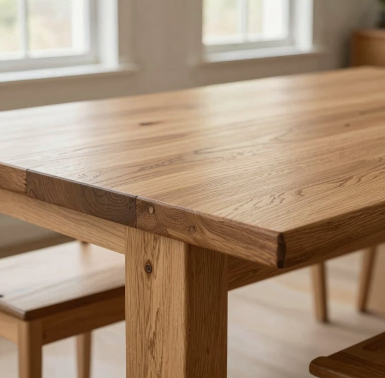 Close-up of a white oak dining table showing interlocking through-tenon joints, natural side-lighting from workshop windows, rich wood grains, shallow depth of field, 35mm photography