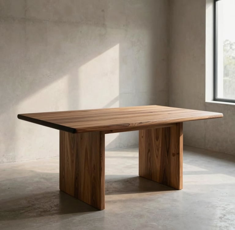 Wide shot of a solid walnut dining table in a minimalist, sunlit architectural dining room with concrete walls, soft directional shadows, warm editorial photography