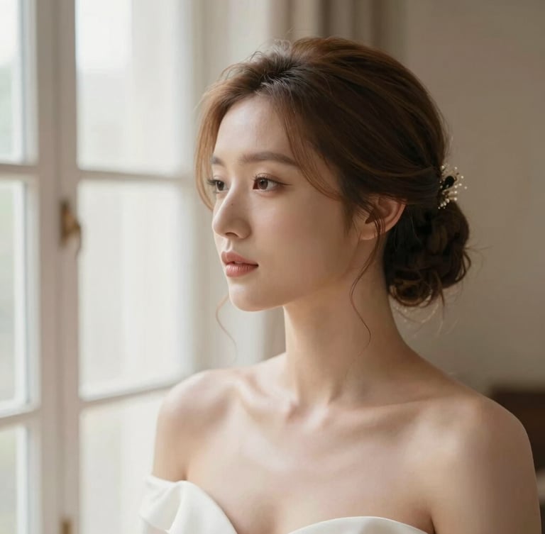 Editorial portrait of a bride, soft natural window light, muted rose gold and beige tones, focus on delicate hair styling and glowing skin, 35mm