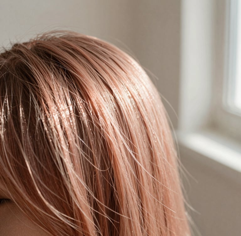 Warm editorial close-up of soft sunlight reflecting off textured hair and clean alabaster surfaces, 35mm photography