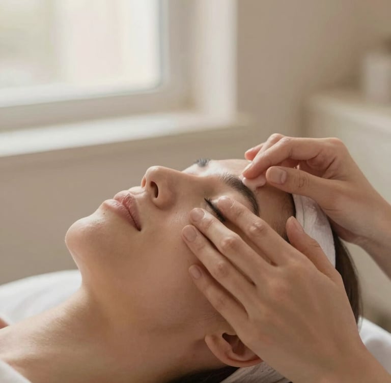 Close-up of hands gently applying clinical skin therapy to a client's face, soft warm window light, muted beige tones, shallow depth of field.