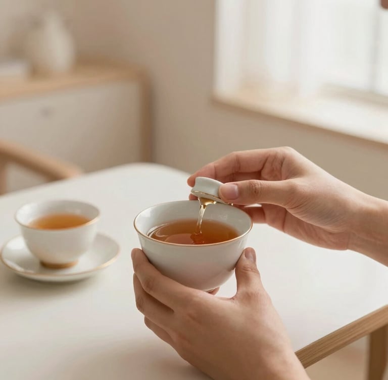 Close-up of hands preparing warm tea in a ceramic cup, soft focus background of a pristine minimalist salon interior, warm lighting