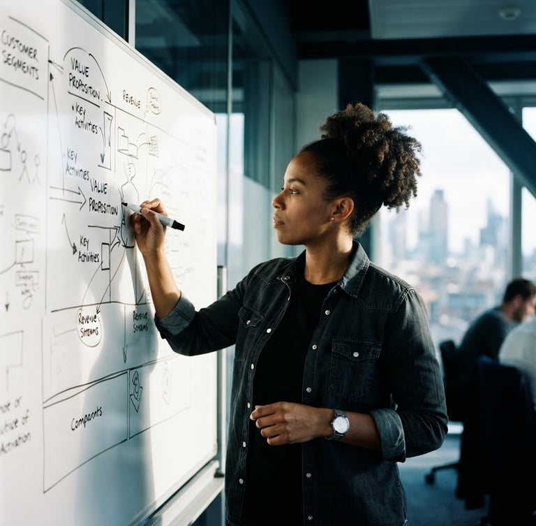 A low-angle heroic 35mm shot of a diverse founder sketching a business model on a whiteboard, intense focus, sharp natural window light, high contrast, deep slate tones.