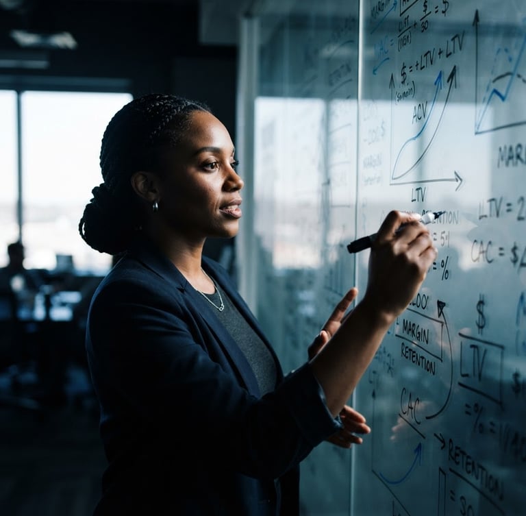 Close-up of a diverse female founder presenting a unit economics model on a glass whiteboard, sharp natural side light, high contrast, 35mm lens