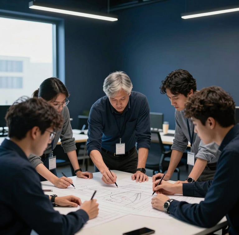 Focused corporate sponsors and founders collaborating over blueprints in a modern high-contrast workshop space, deep slate tones, cool blue ambient light