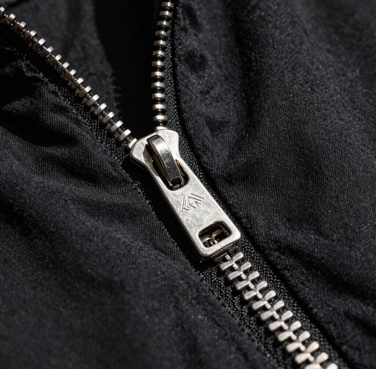 Extreme close-up of a high-contrast metallic silver zipper on a raw black upcycled cotton jacket, direct sunlight casting sharp shadows, macro texture.