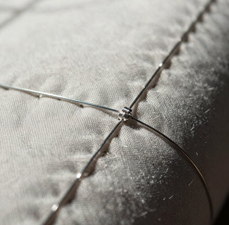 Extreme close-up of raw upcycled textile seams and metallic silver threads, high contrast, direct bright sunlight.
