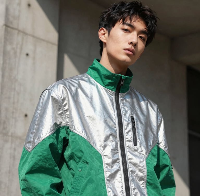 Low-angle shot of a Gen Z model wearing a reconstructed metallic silver and emerald green jacket in an industrial concrete setting, harsh direct sunlight.
