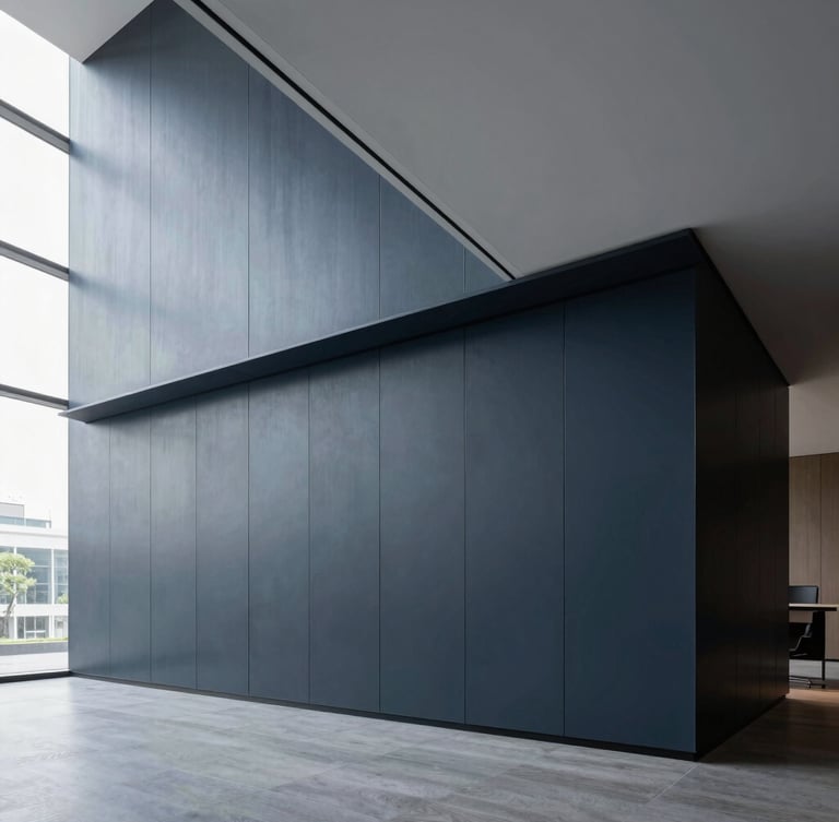 Crisp architectural photography of a modern high-end boardroom with clean geometric lines, cool daylight, deep slate and navy tones, sharp focus, professional corporate aesthetic.