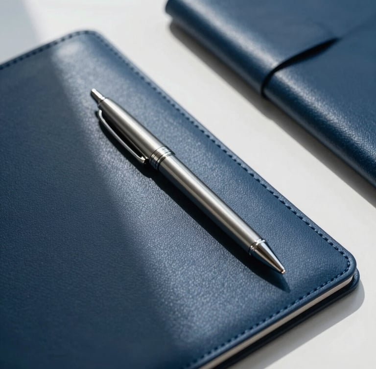 Tight macro detail shot of an organized designer desk with a sleek metal pen, structured leather folder, and clean geometric shadows under cool daylight.