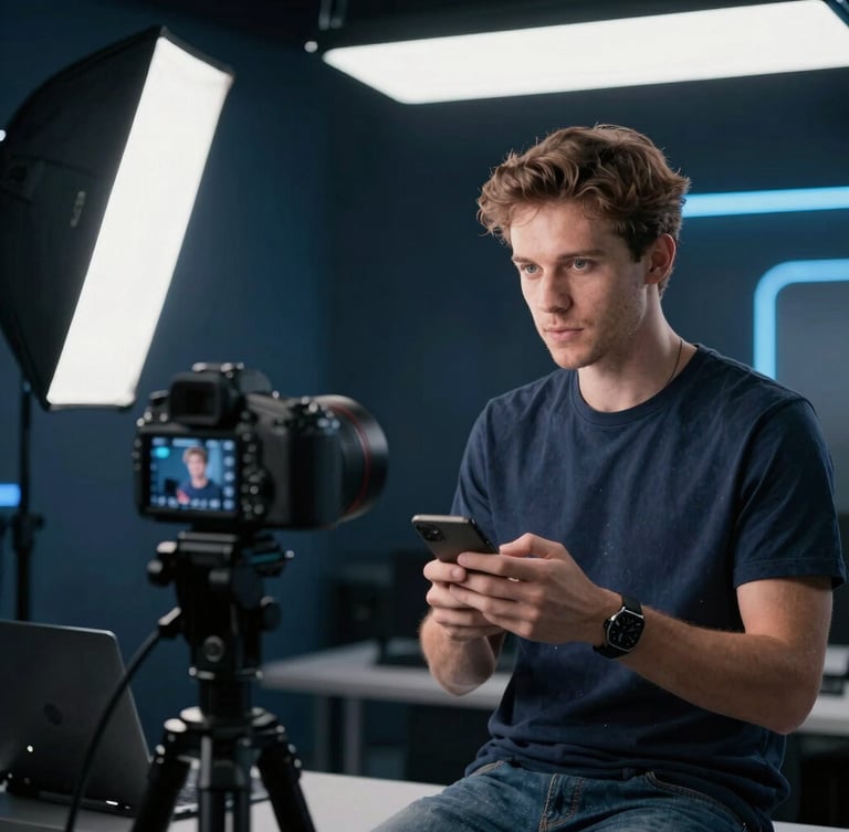 High-end workspace with clean desk setup, modern hardware, subtle blue ambient screen glow, premium dark-mode aesthetic, sharp focus