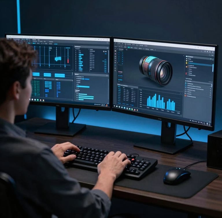 A video editor using dual monitor workstations to perform digital photo retouching and camera lens rendering.