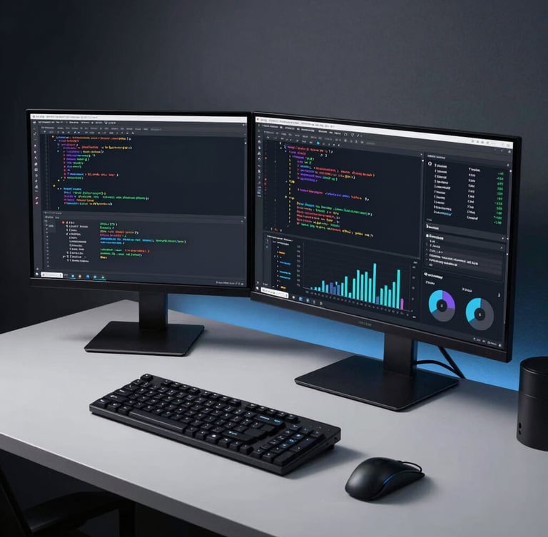 A high-end clean desk setup with dual monitors showing code and analytics charts, cool low-key studio lighting with subtle blue accents, sharp focus.