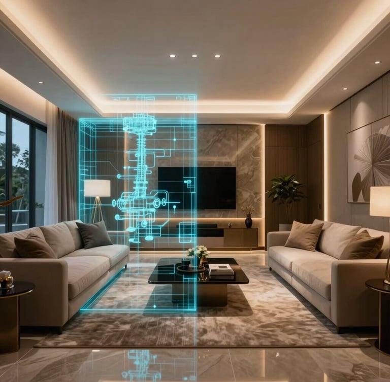 Architectural straight-on view of a luxury Selangor living room, half rendered as a glowing cyan technical wireframe and half as a finished, warm bronze-lit physical space.