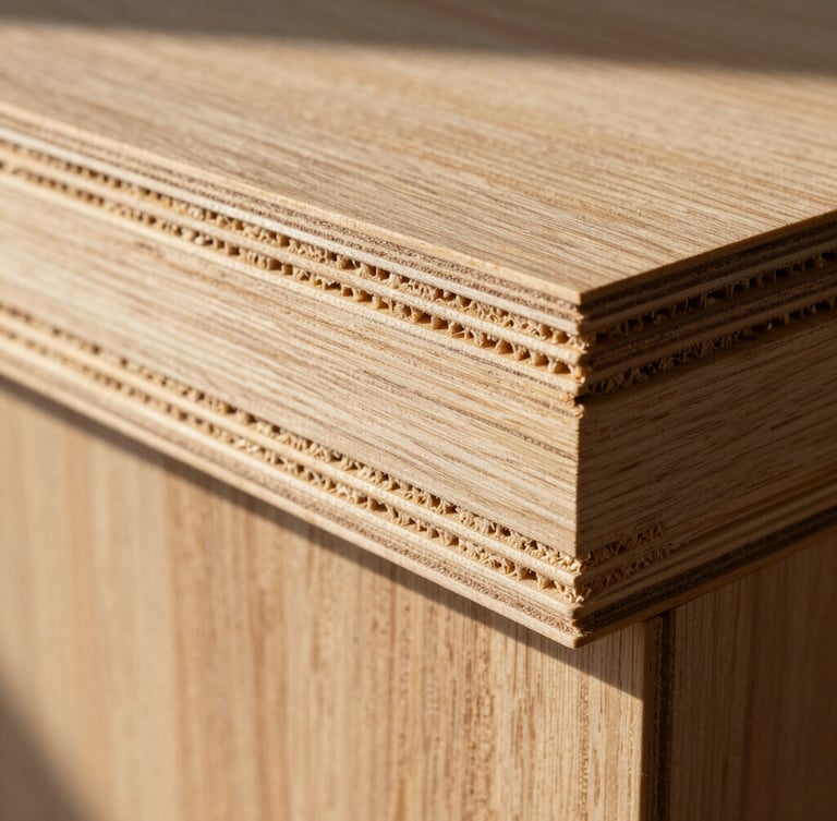 Macro architectural photograph of a high-tech engineered wood panel, showing ultra-fine grain texture and multi-layered structural core under dramatic, directional natural light.