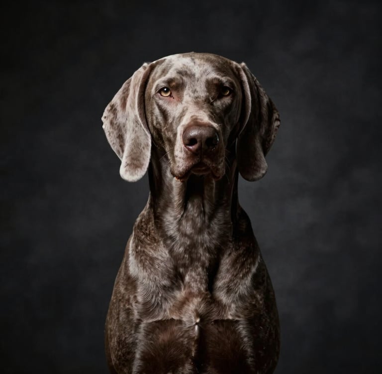 Fine art studio portrait of a noble Weimaraner, dramatic Chiaroscuro lighting, deep shadows, soft highlights, dark textured background, 85mm