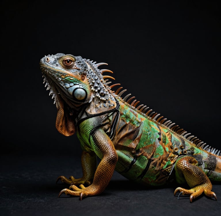 Elegant studio portrait of a green iguana, showcasing detailed scales under dramatic single-source studio lighting, dark obsidian background, deep shadows