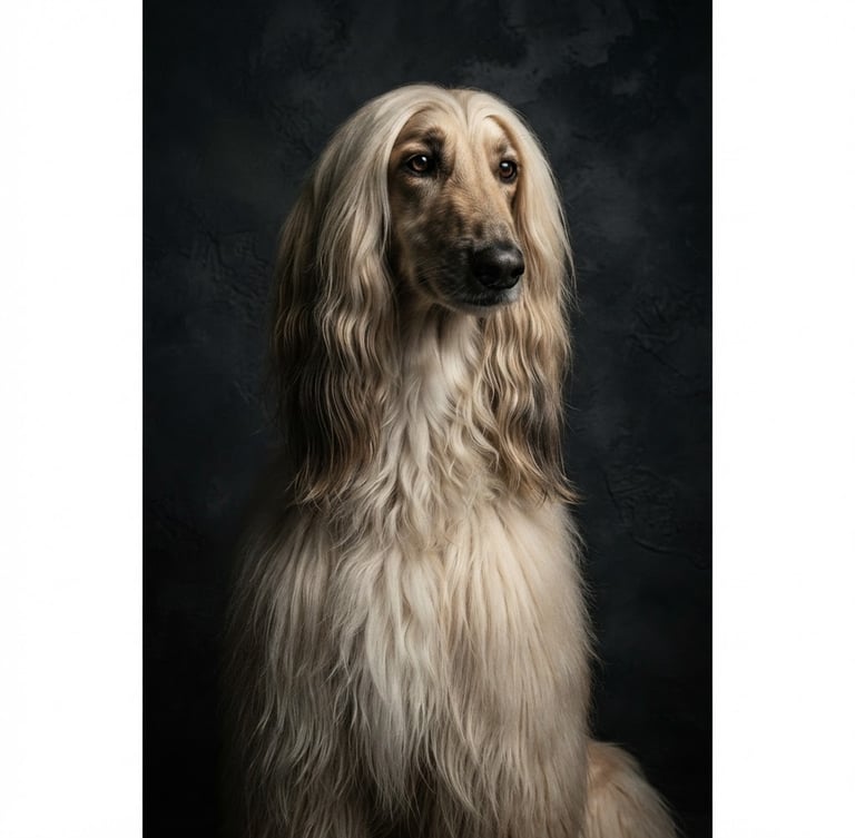 Fine art studio portrait of a majestic Afghan Hound, dramatic low-key lighting, dark textured background, rich fur texture, soulful expression, 85mm