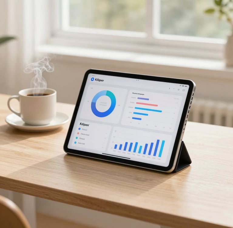 Primer plano de un dispositivo tablet elegante mostrando gráficos limpios de Kliper sobre un escritorio de madera clara, junto a una taza de café humeante y luz solar matutina filtrándose por la ventana.