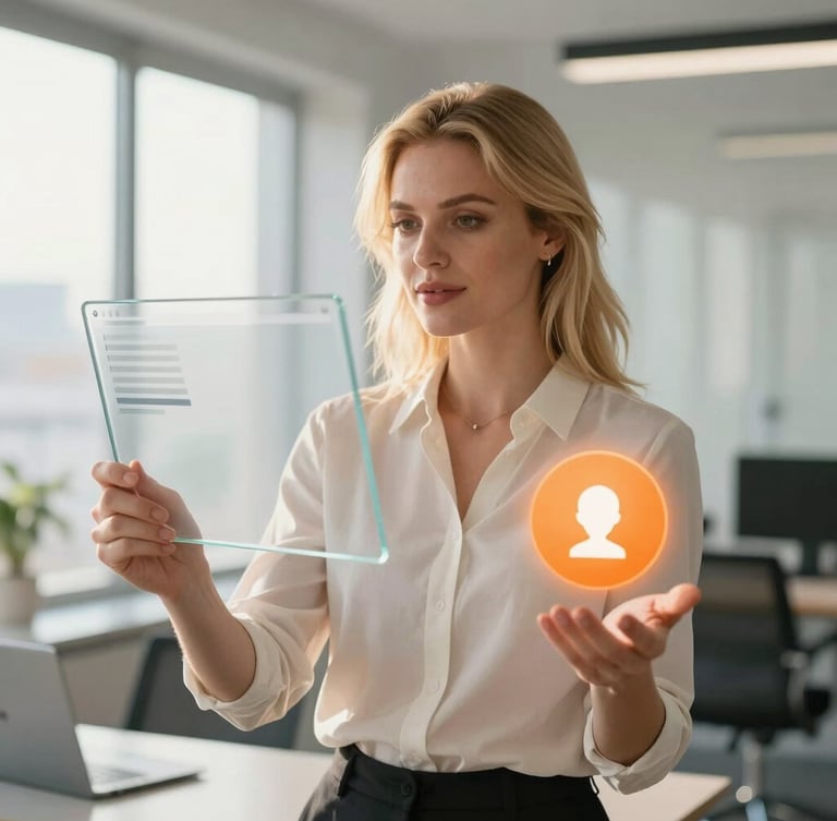 Medium-close portrait of an attractive professional blonde woman in a bright modern office. In one hand she holds a clean, floating glass-like UI window panel, and in her other hand, a softly glowing orange help icon. High-end editorial photography, warm natural daylight, soft focus, 35mm