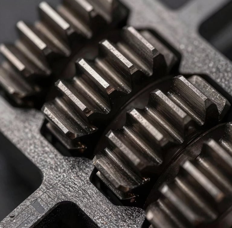 Extreme close-up macro shot of interlocking CNC-machined aluminum teeth, anodized charcoal finish, dramatic side light highlighting sharp metallic edges and precise tolerances.